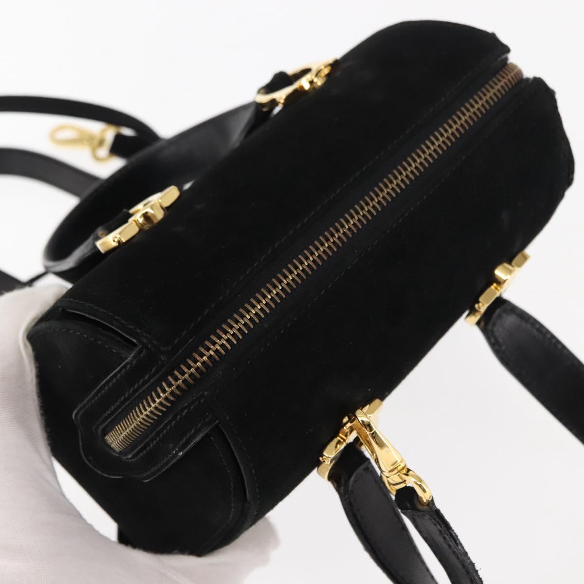 Salvatore Ferragamo Gancini Hand Bag Suede Leather 2way Black Gold Auth 147383