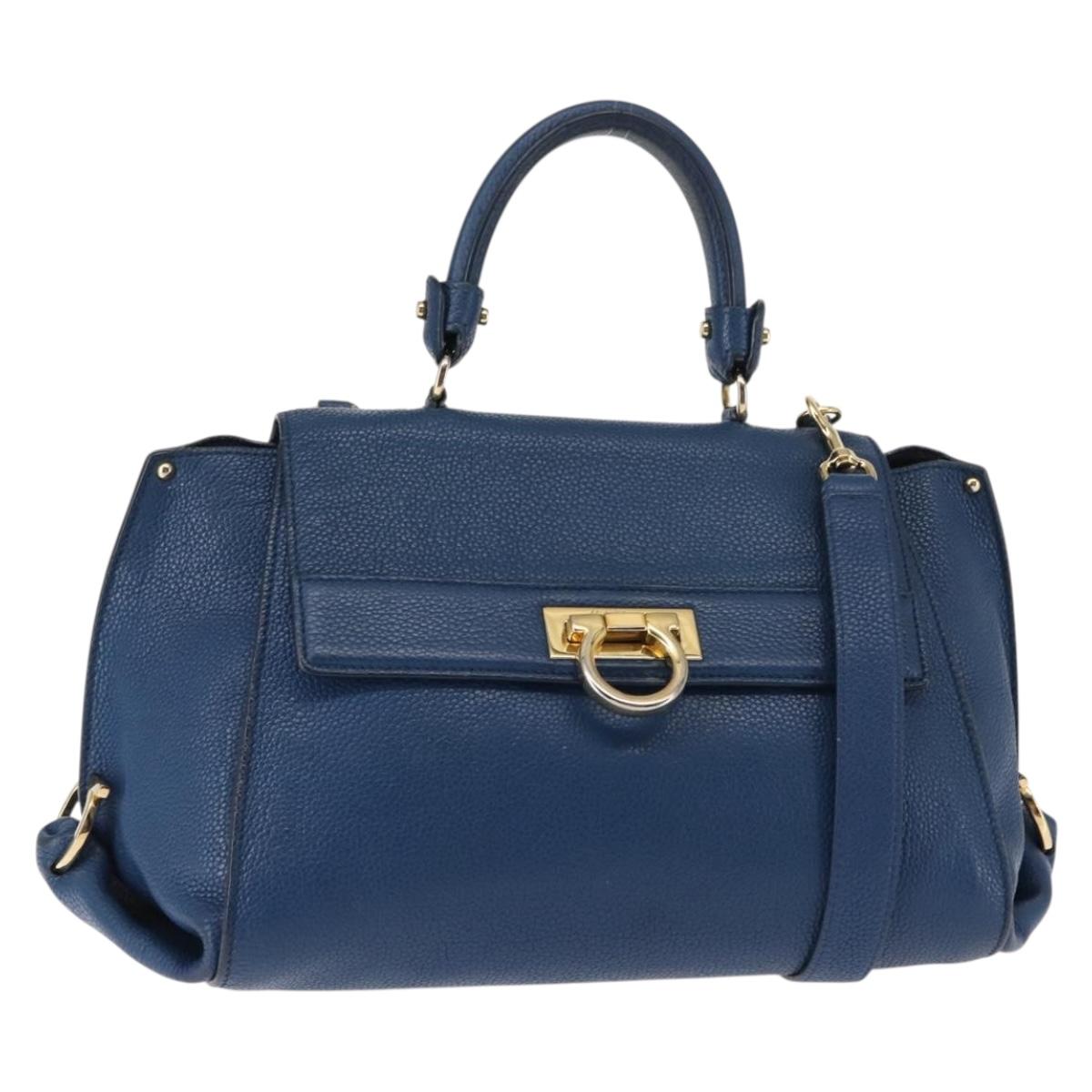 Salvatore Ferragamo Gancini Hand Bag Leather 2way Blue Gold Auth 147384