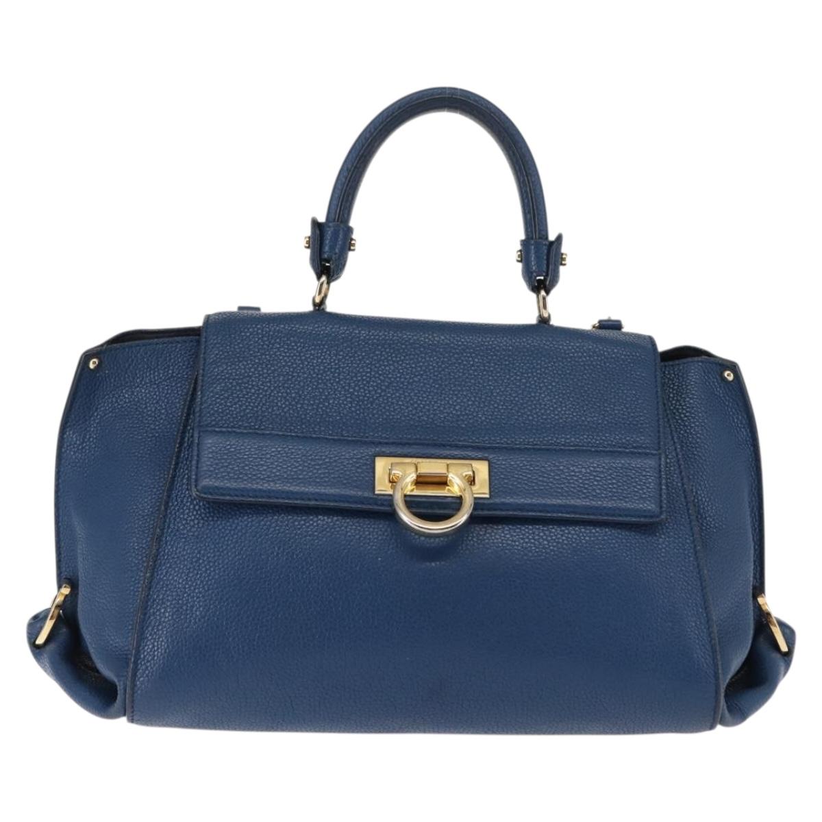Salvatore Ferragamo Gancini Hand Bag Leather 2way Blue Gold Auth 147384