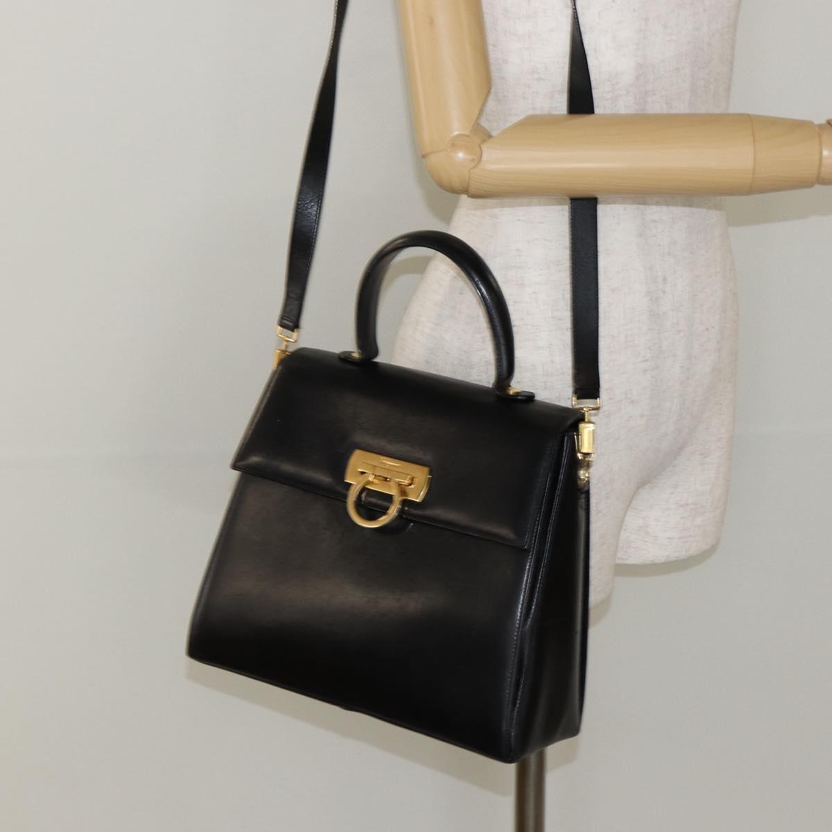 Salvatore Ferragamo Gancini Hand Bag Leather 2way Black Gold Auth 147387