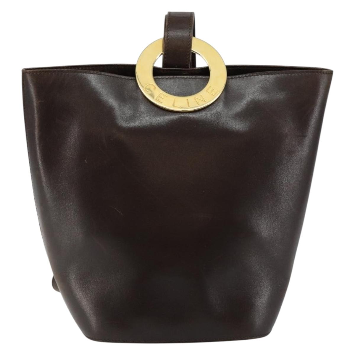 CELINE Circle Shoulder Bag Leather Brown Gold Auth 147388