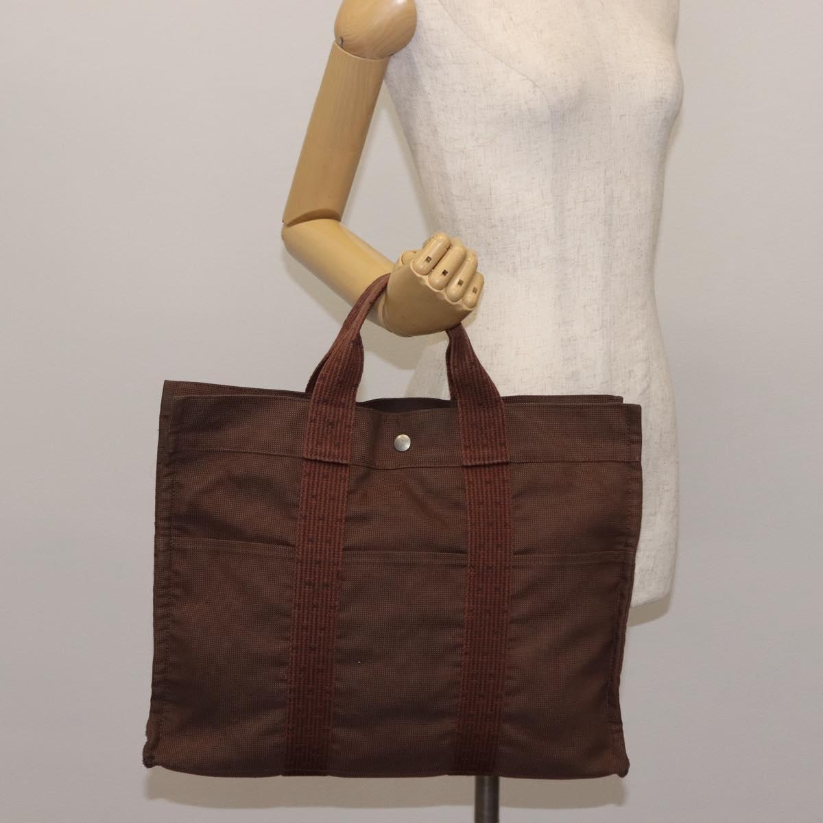 HERMES Her Line MM Tote Bag Canvas Brown Silver Auth 147393