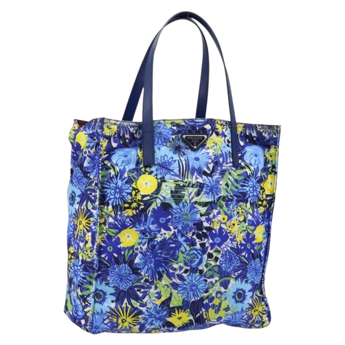 PRADA Tote Bag Nylon Leather Blue Silver Auth 147405