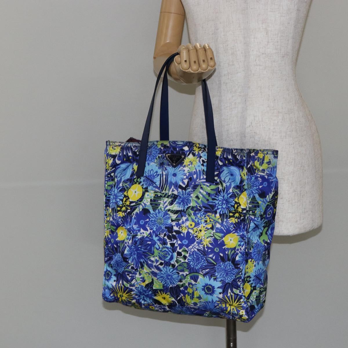 PRADA Tote Bag Nylon Leather Blue Silver Auth 147405