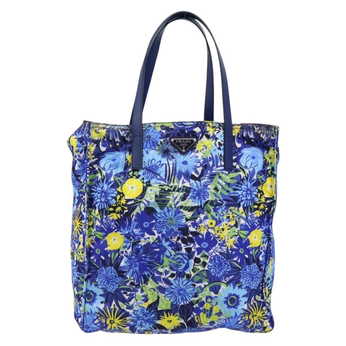 PRADA Tote Bag Nylon Leather Blue Silver Auth 147405