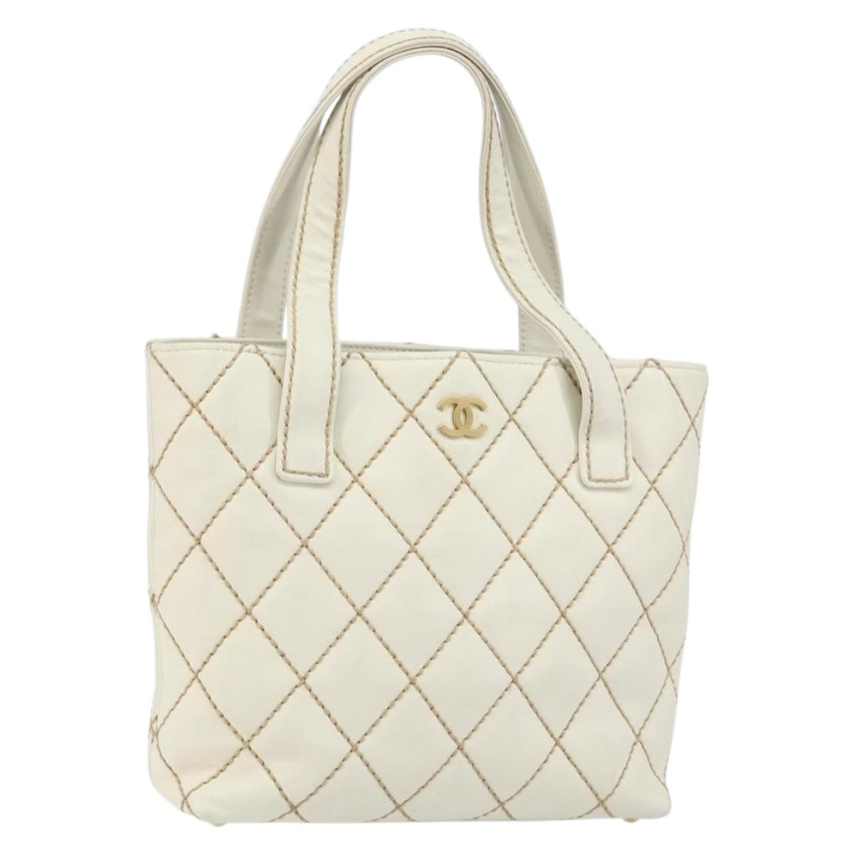 CHANEL Wild Stitch Hand Bag Leather White Gold CC Auth 147410