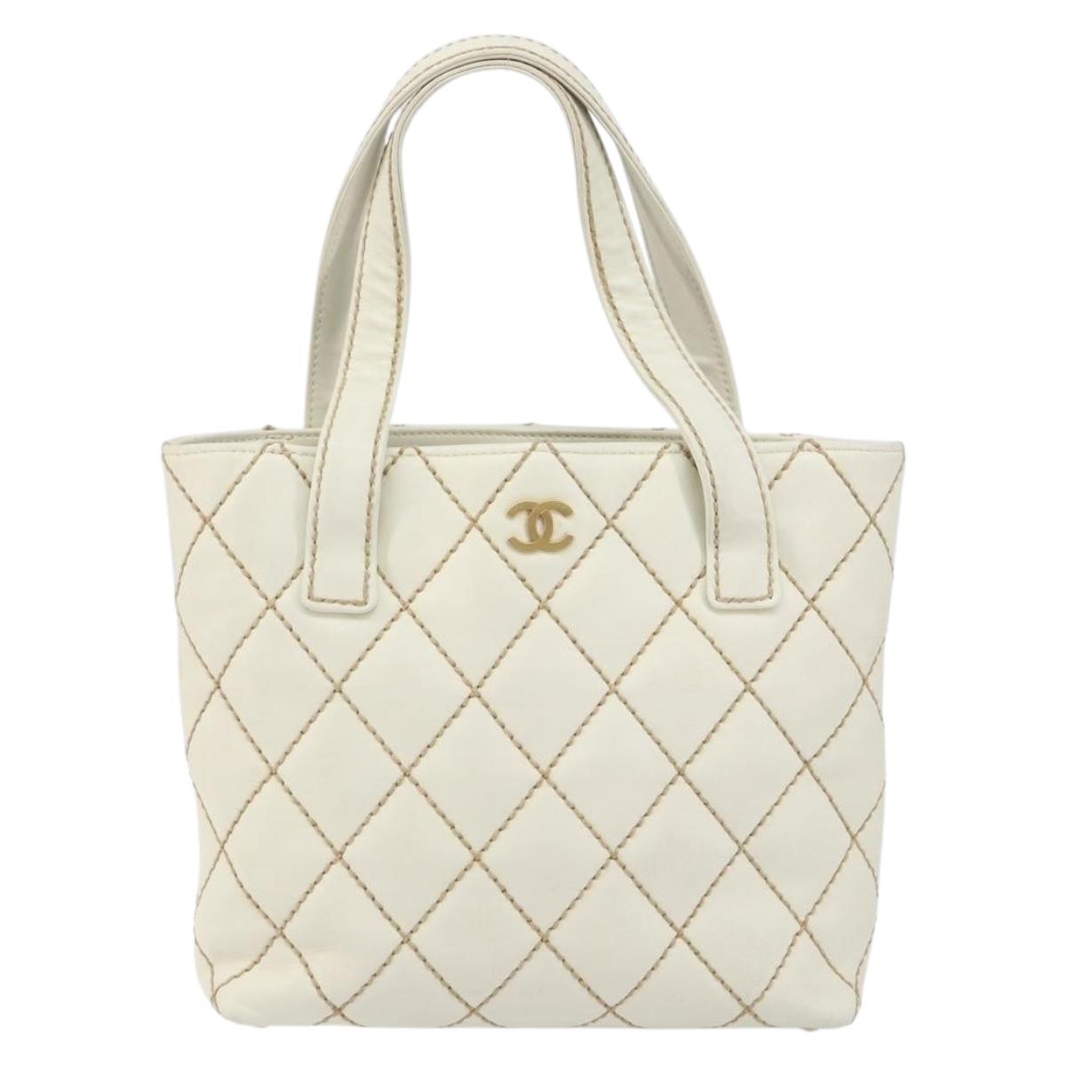 CHANEL Wild Stitch Hand Bag Leather White Gold CC Auth 147410