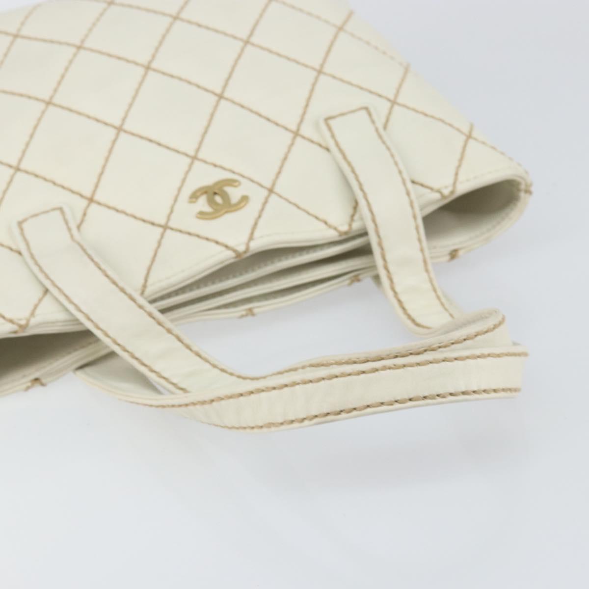 CHANEL Wild Stitch Hand Bag Leather White Gold CC Auth 147410
