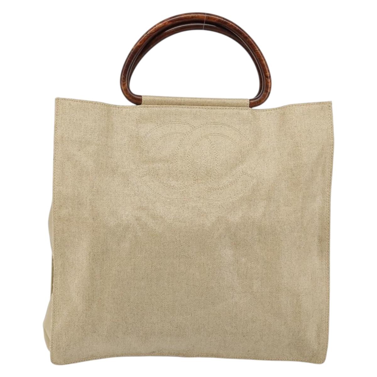 CHANEL Hand Bag Coated Canvas Beige Gold CC Auth 147411