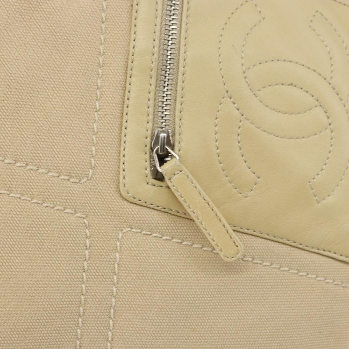 CHANEL Hand Bag Canvas Beige Silver CC Auth 147412