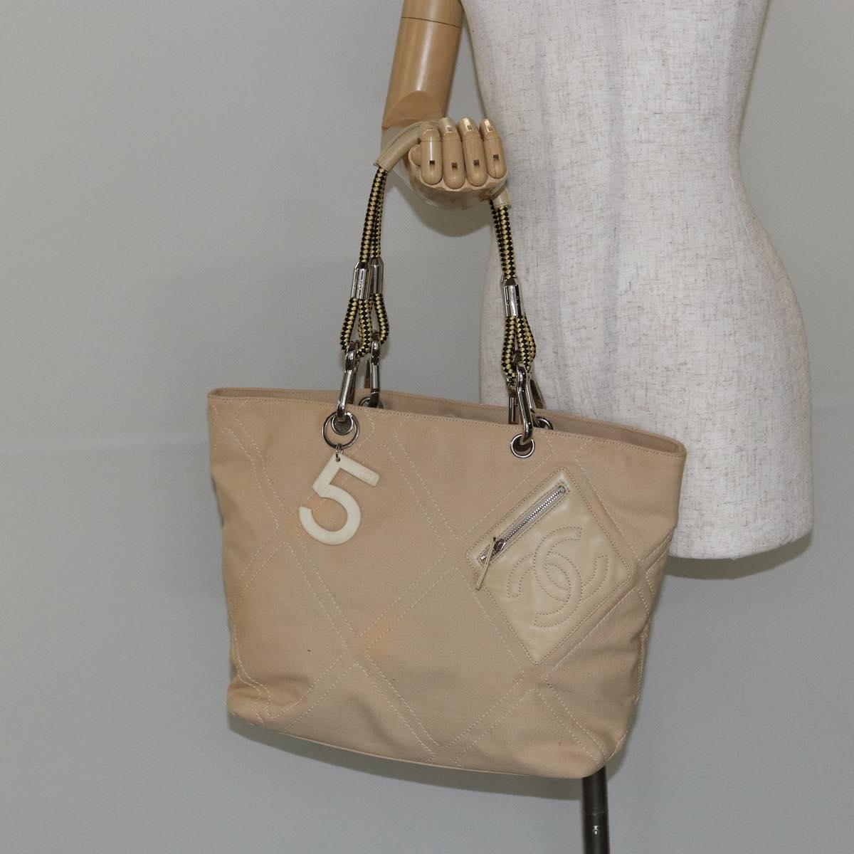CHANEL Hand Bag Canvas Beige Silver CC Auth 147412