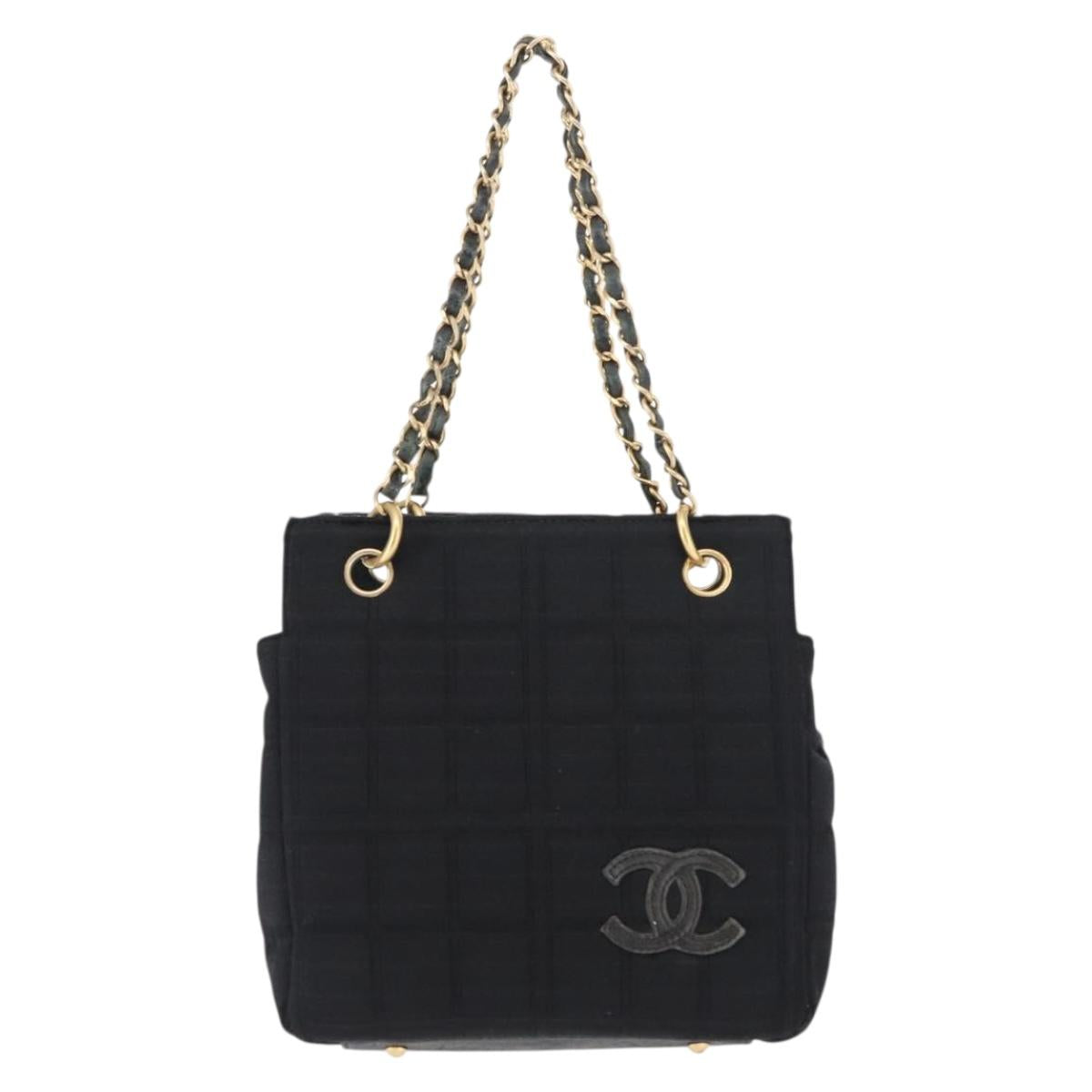 CHANEL Chain Choco Bar Line Hand Bag Canvas Black Gold CC Auth 147415