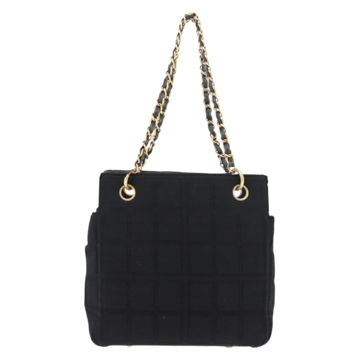 CHANEL Chain Choco Bar Line Hand Bag Canvas Black Gold CC Auth 147415