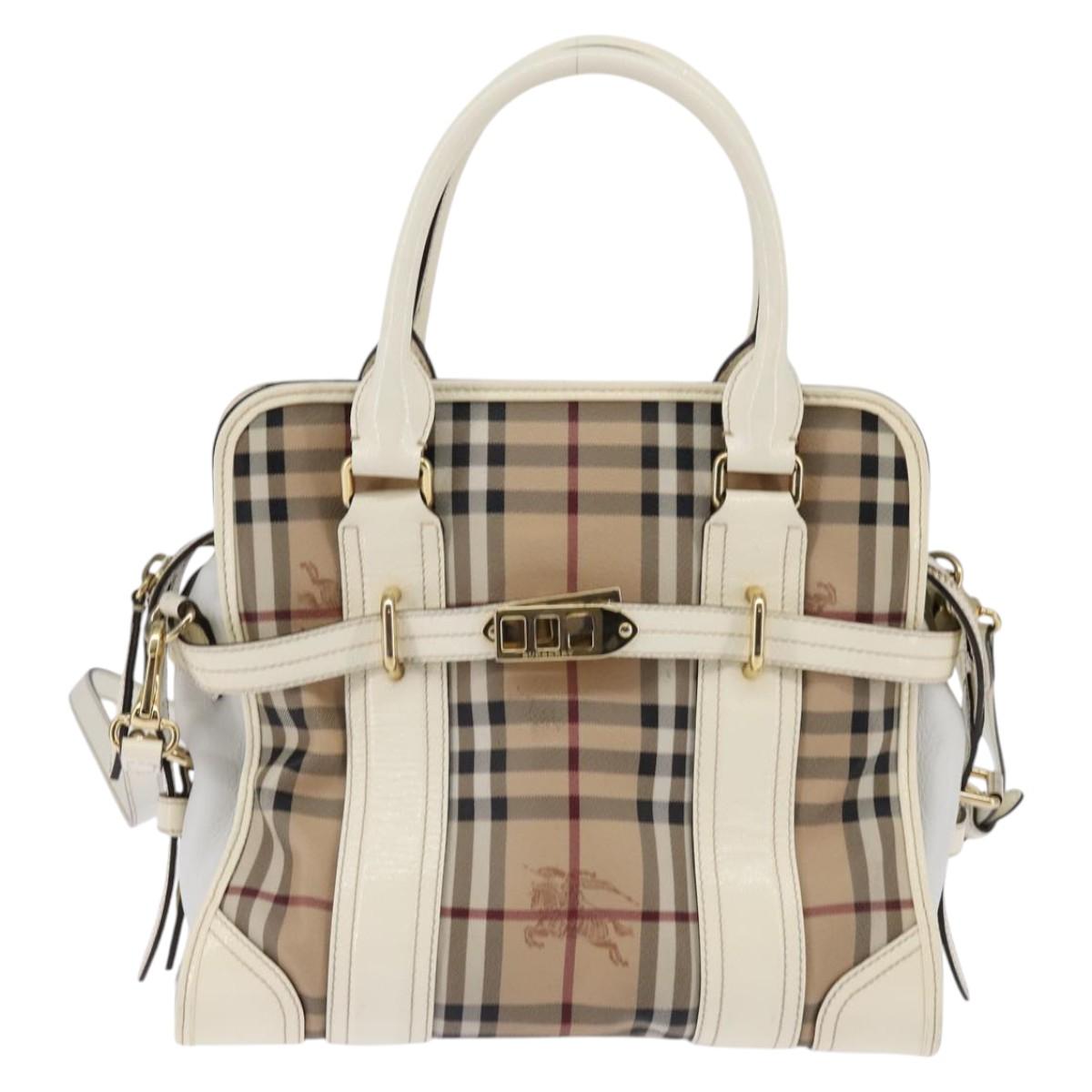 BURBERRY Nova Check Tote Bag PVC Leather 2way Beige Gold Auth 147477