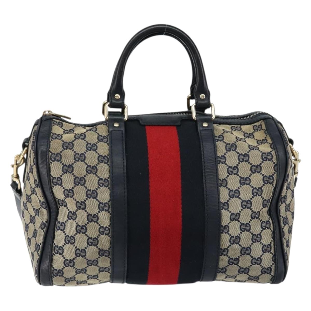 GUCCI GG Canvas Sherry Line Boston Bag 2way Navy Gold 247205 Auth 147483