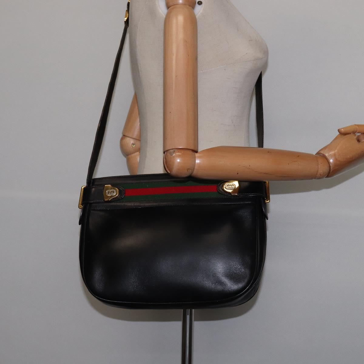GUCCI Web Sherry Line Bag Leather Black Gold Red 001 406 0552 Auth 147492