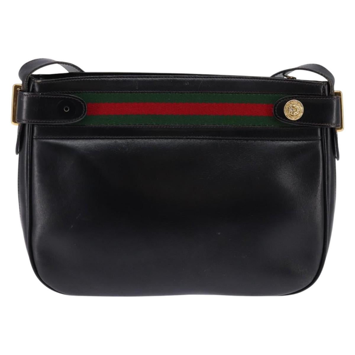 GUCCI Web Sherry Line Bag Leather Black Gold Red 001 406 0552 Auth 147492