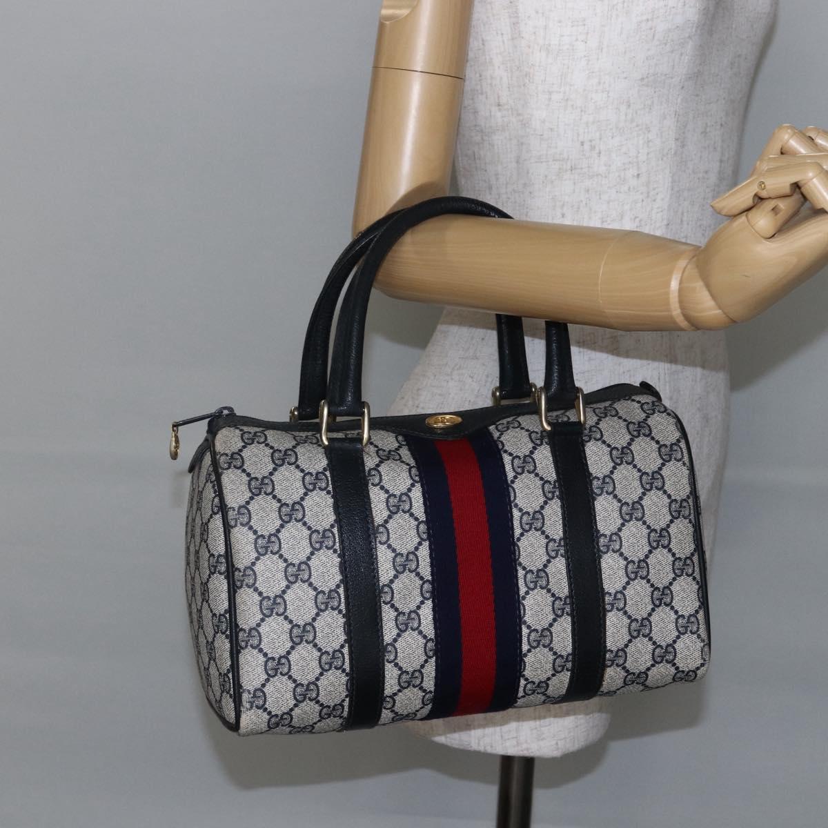 GUCCI GG Supreme Sherry Line Boston Bag PVC Navy Gold 40 3841 Auth 147499