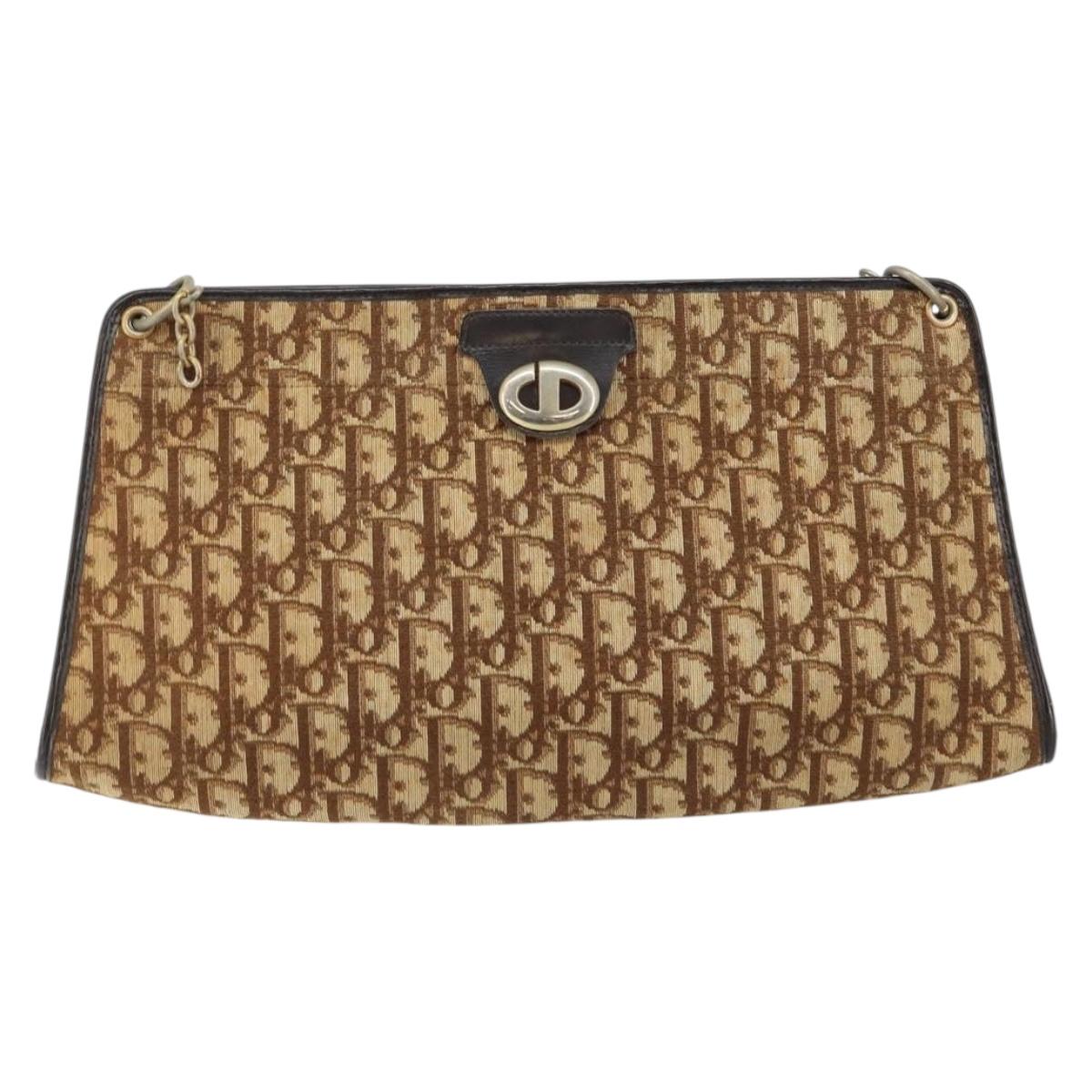 Christian Dior Trotter Canvas Shoulder Bag Brown Gold Auth 147503