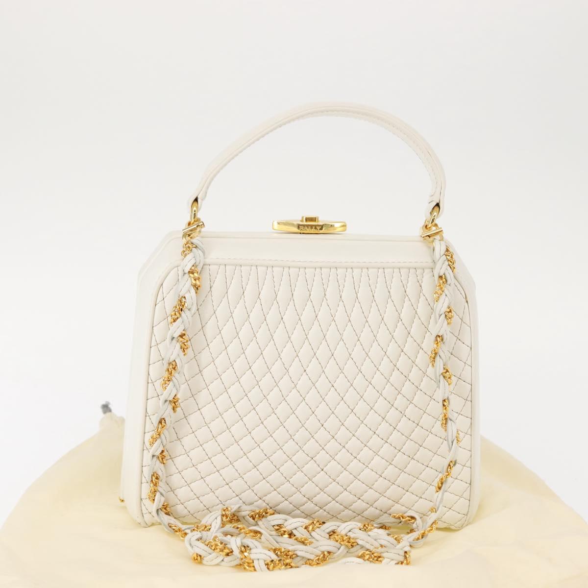 BALLY Hand Bag Leather 2way White Gold Auth 147505