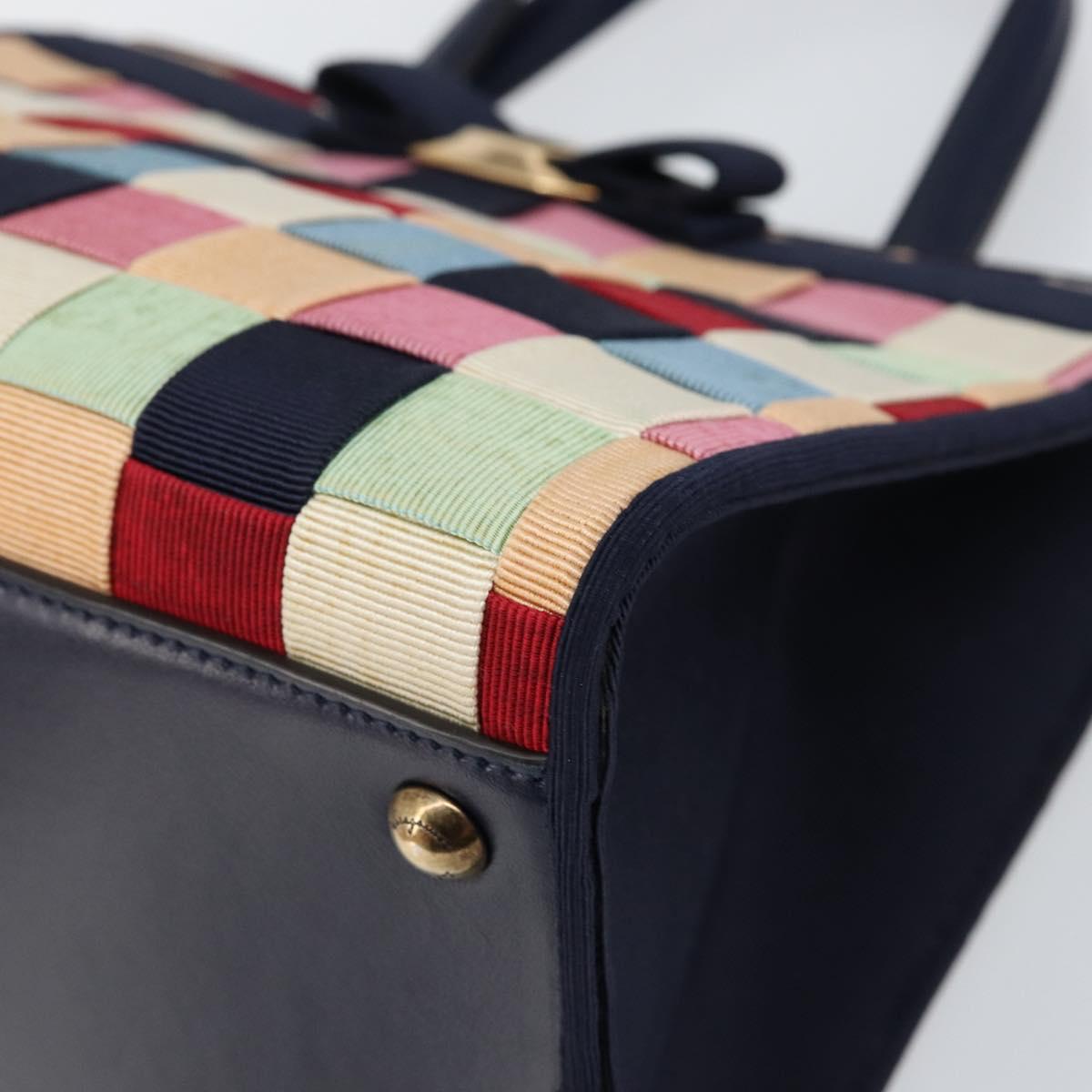 Salvatore Ferragamo Vala Hand Bag Nylon Navy Gold Auth 147506