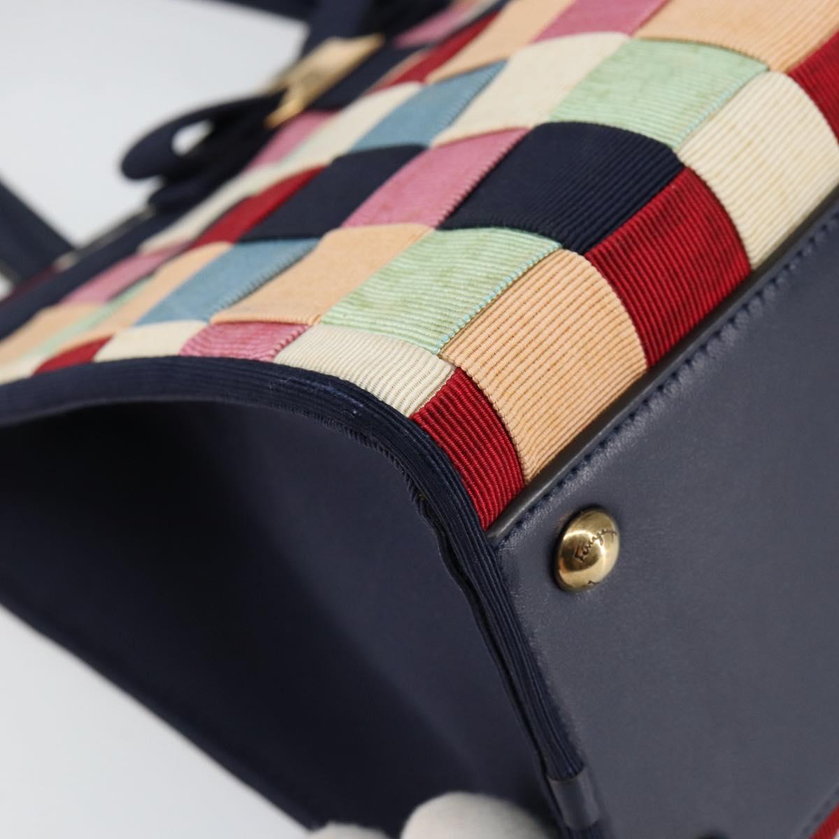 Salvatore Ferragamo Vala Hand Bag Nylon Navy Gold Auth 147506