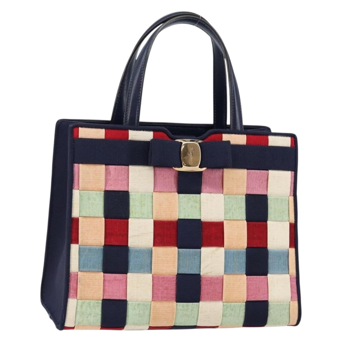 Salvatore Ferragamo Vala Hand Bag Nylon Navy Gold Auth 147506