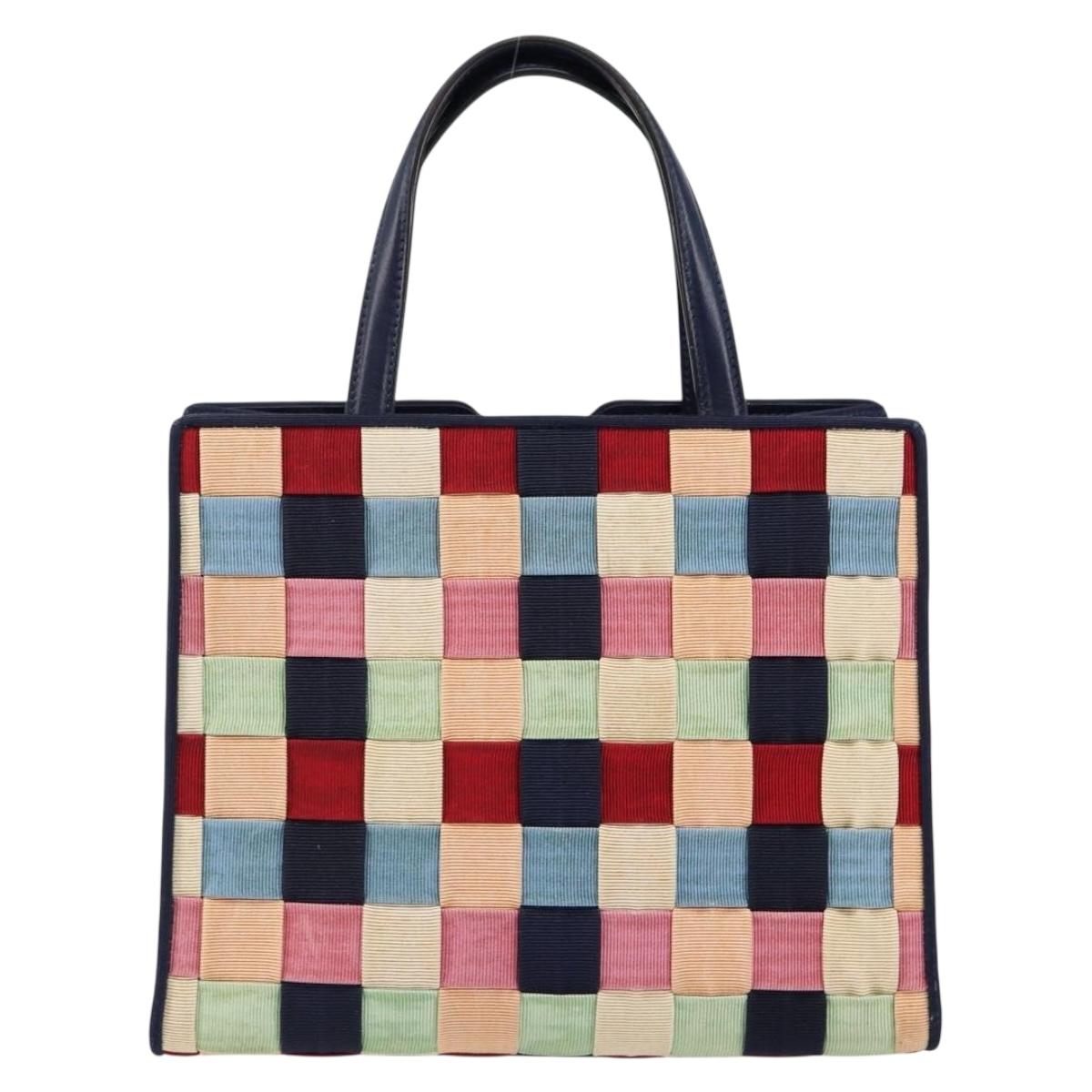 Salvatore Ferragamo Vala Hand Bag Nylon Navy Gold Auth 147506