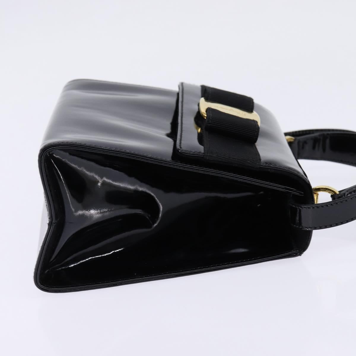 Salvatore Ferragamo Vala Hand Bag Enamel 2way Black Gold Auth 147507