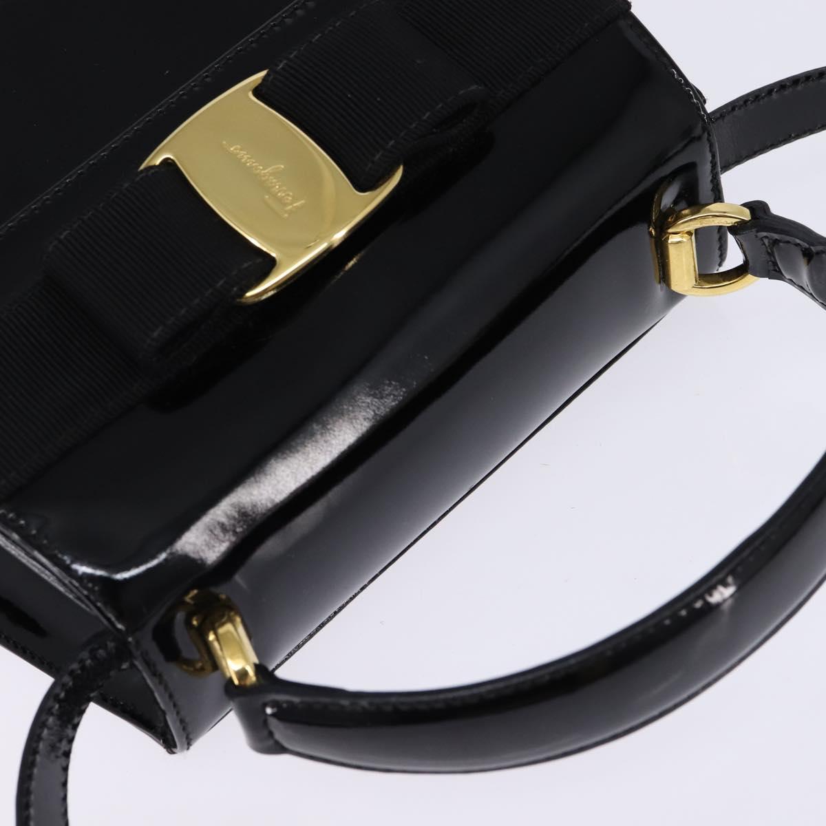 Salvatore Ferragamo Vala Hand Bag Enamel 2way Black Gold Auth 147507