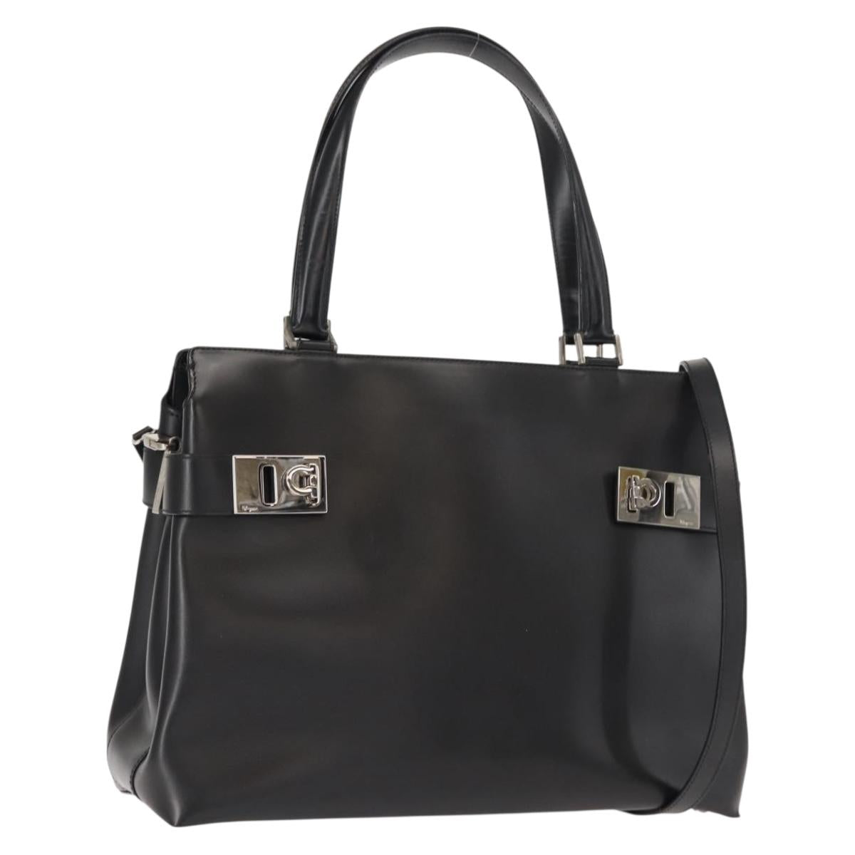 Salvatore Ferragamo Gancini Hand Bag Leather 2way Black Silver Auth 147509