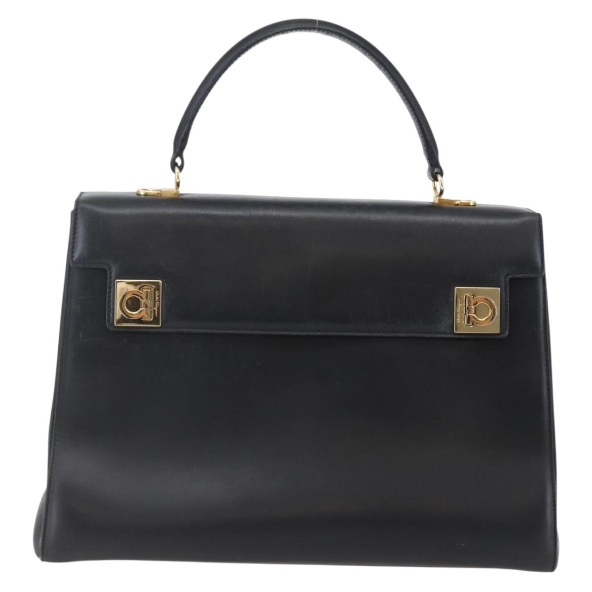 Salvatore Ferragamo Gancini Hand Bag Leather 2way Black Gold Auth 147510