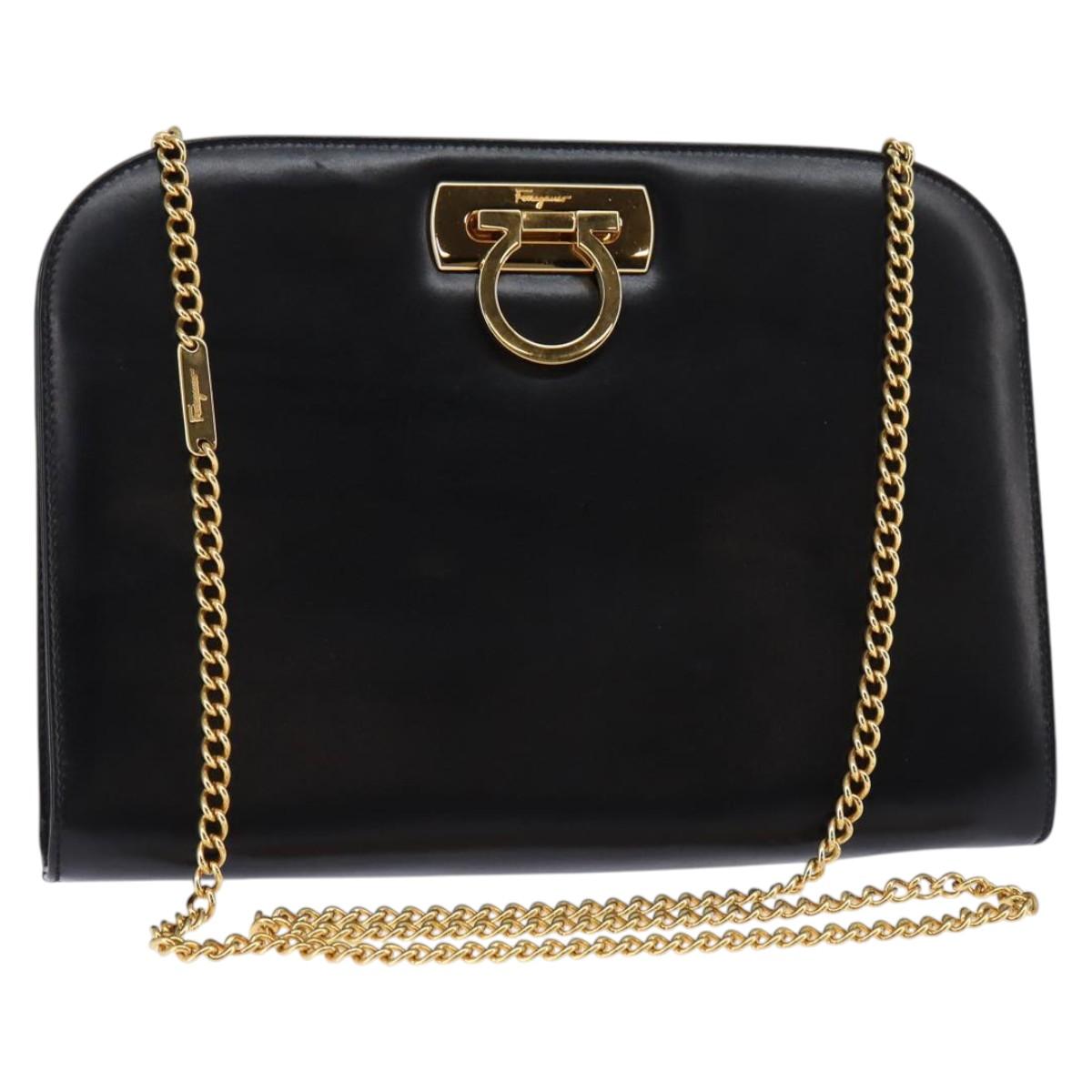 Salvatore Ferragamo Gancini Chain Hand Bag Leather Black Gold Auth 147513