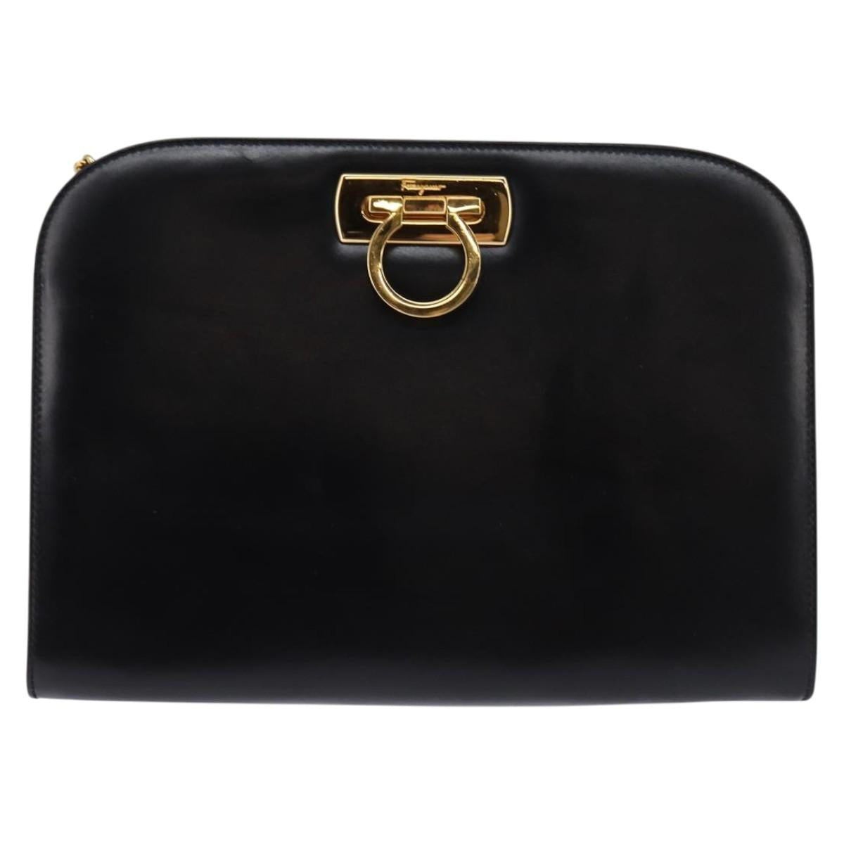 Salvatore Ferragamo Gancini Chain Hand Bag Leather Black Gold Auth 147513