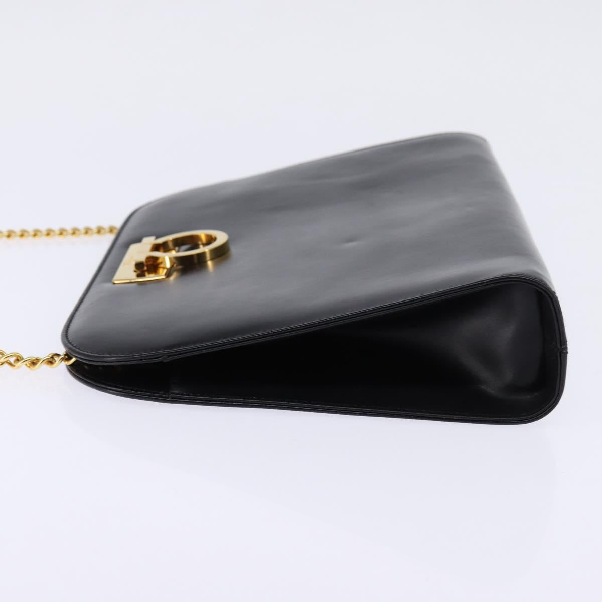 Salvatore Ferragamo Gancini Chain Hand Bag Leather Black Gold Auth 147513