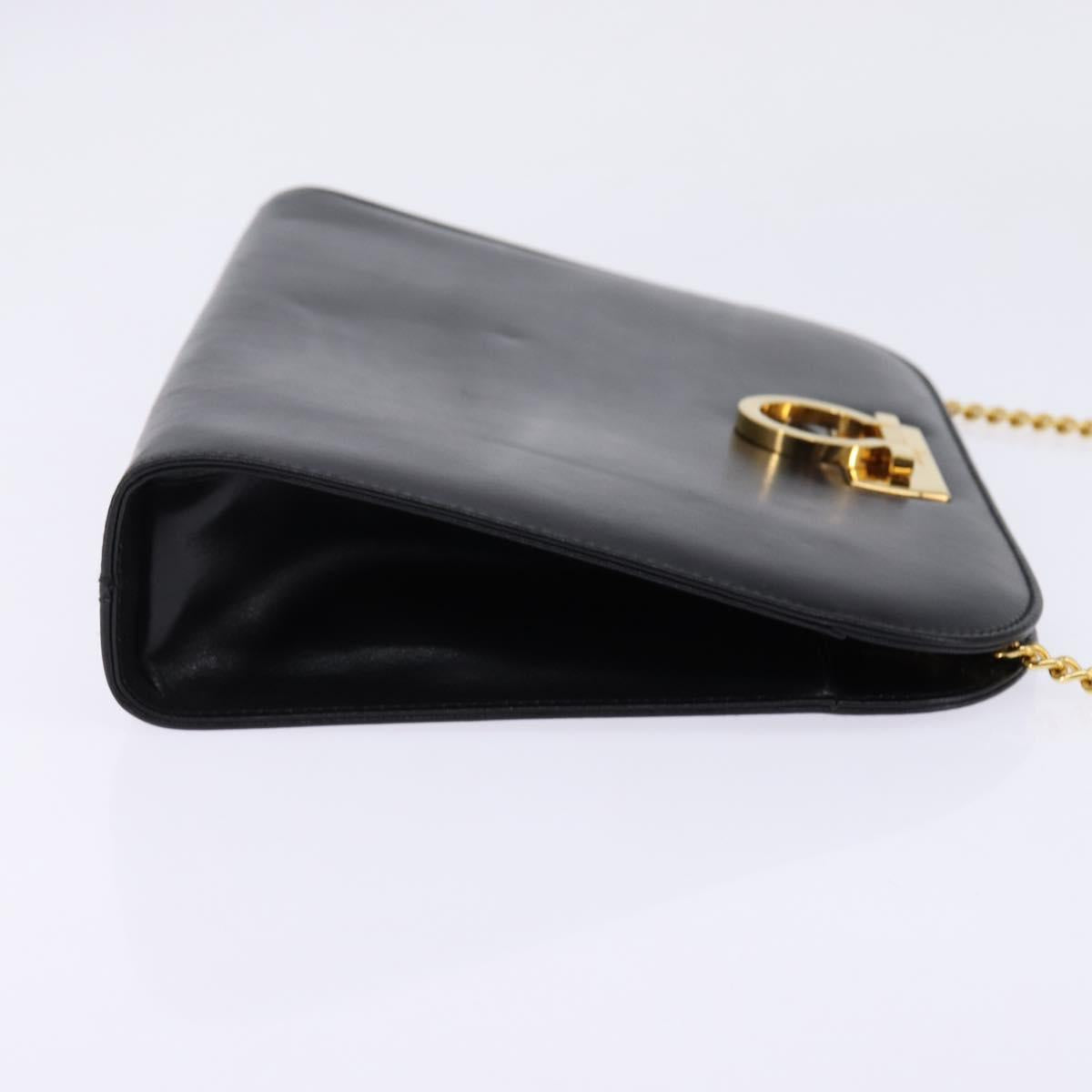 Salvatore Ferragamo Gancini Chain Hand Bag Leather Black Gold Auth 147513