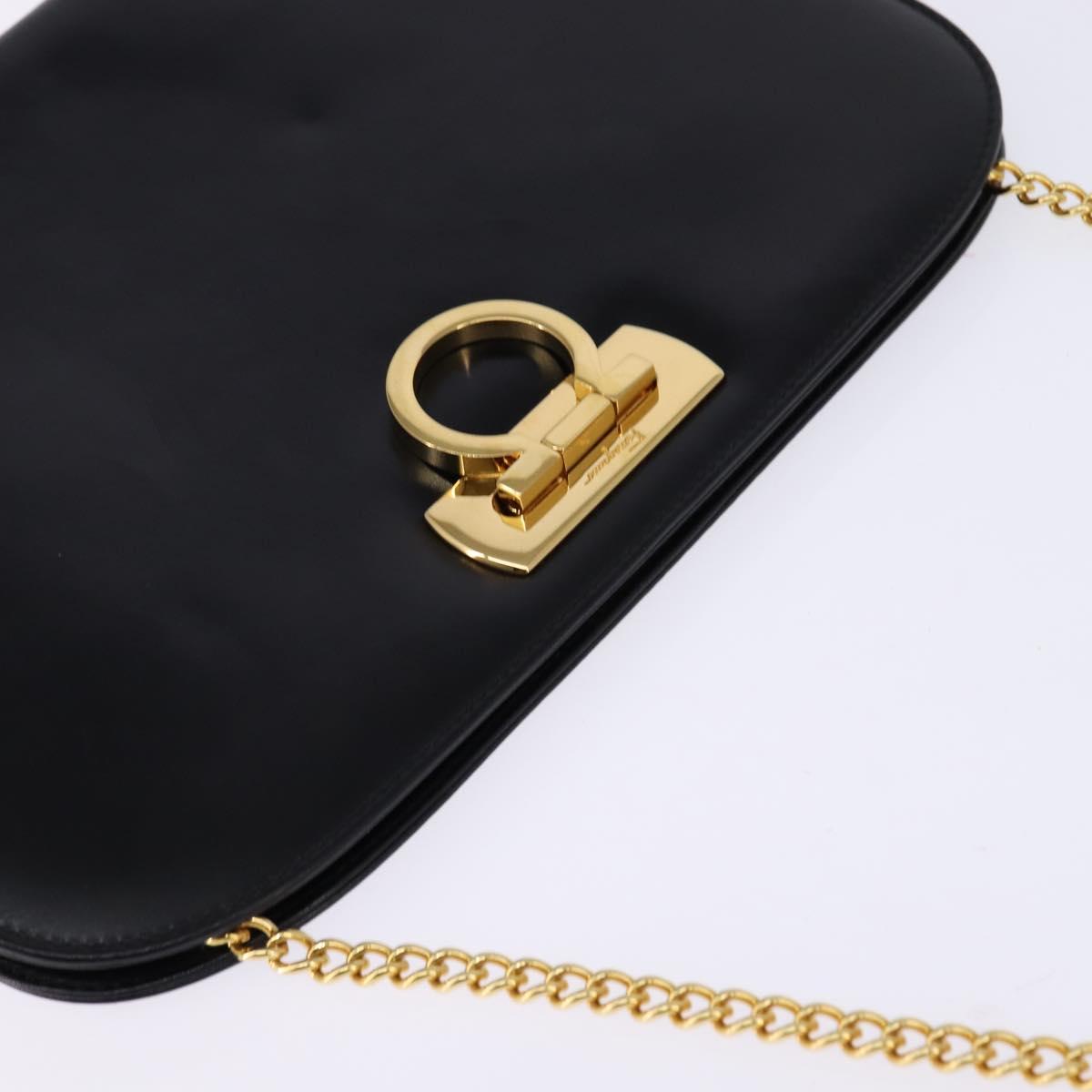 Salvatore Ferragamo Gancini Chain Hand Bag Leather Black Gold Auth 147513