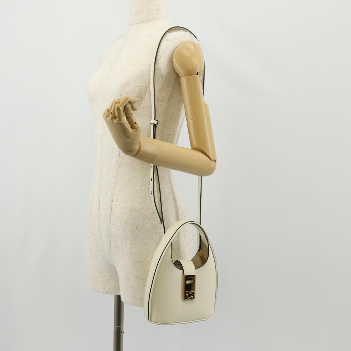 Salvatore Ferragamo Gancini Hand Bag Leather 2way White Gold Auth 147514M