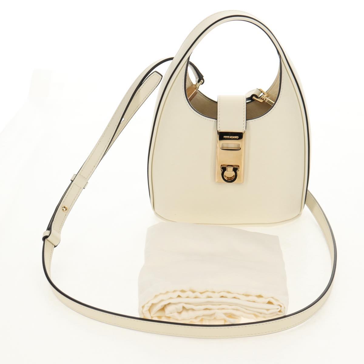 Salvatore Ferragamo Gancini Hand Bag Leather 2way White Gold Auth 147514M