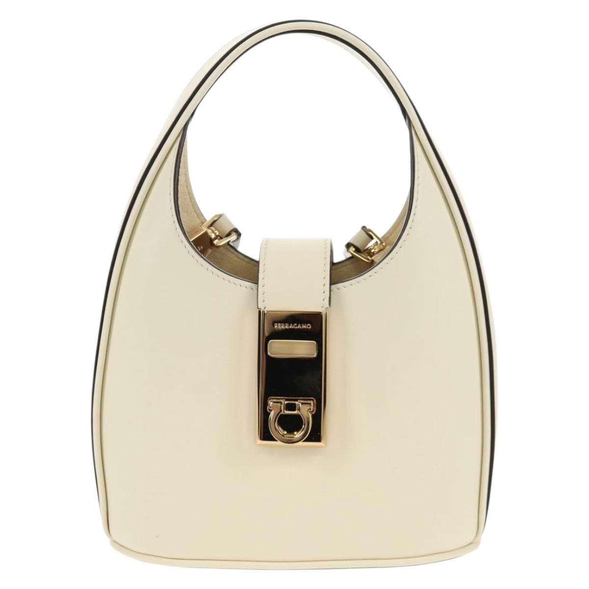 Salvatore Ferragamo Gancini Hand Bag Leather 2way White Gold Auth 147514M