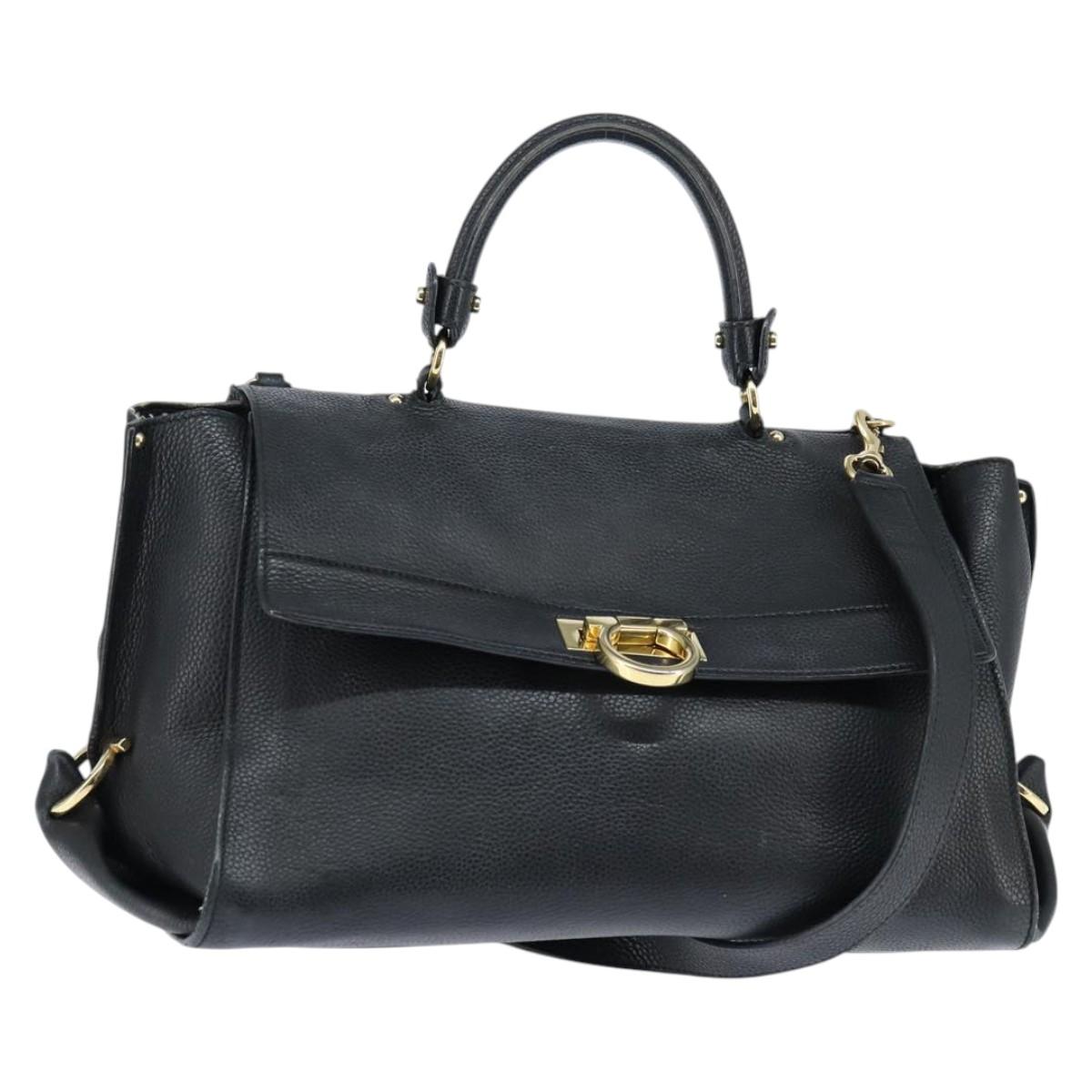 Salvatore Ferragamo Gancini Sophia Hand Bag Leather 2way Black Gold Auth 147516
