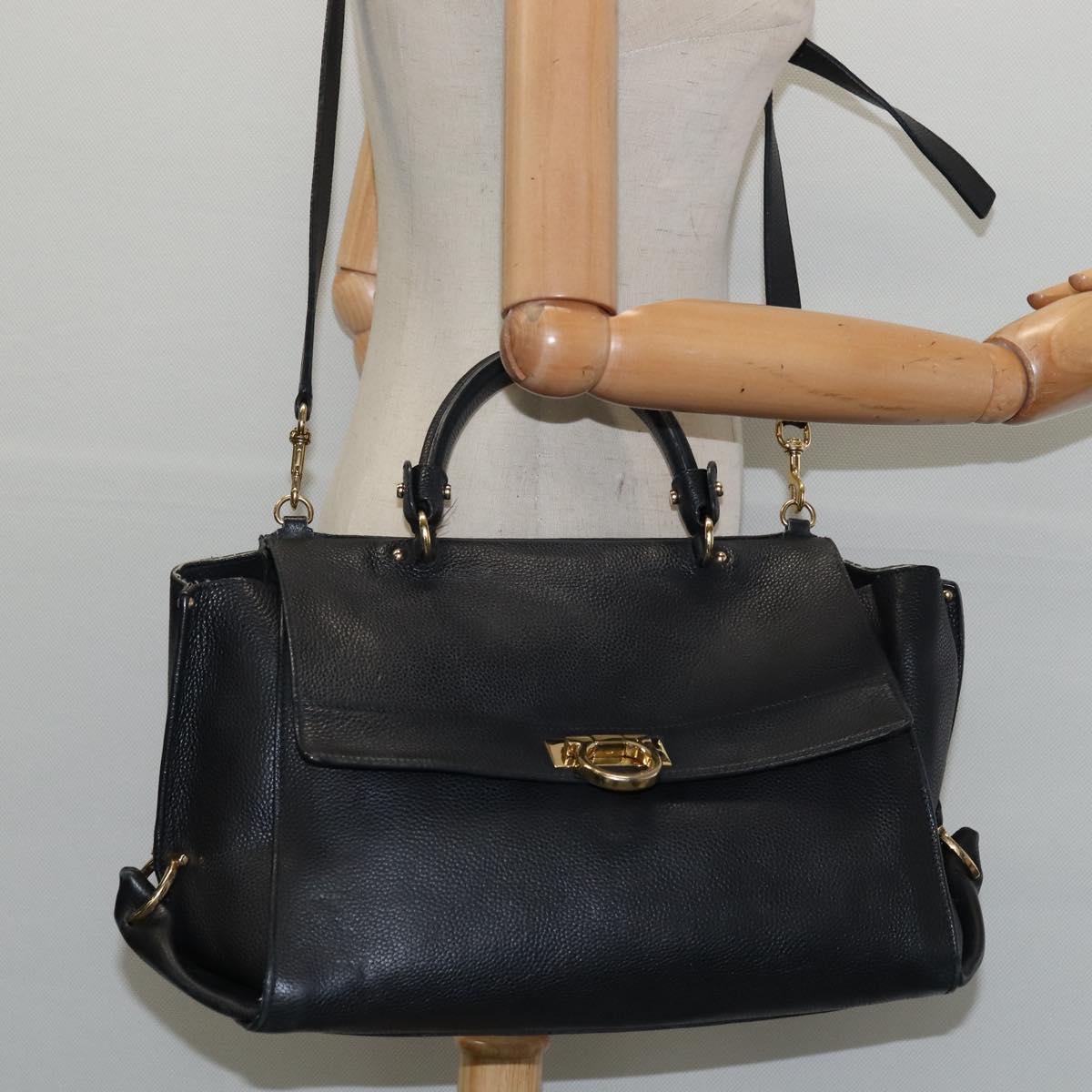 Salvatore Ferragamo Gancini Sophia Hand Bag Leather 2way Black Gold Auth 147516