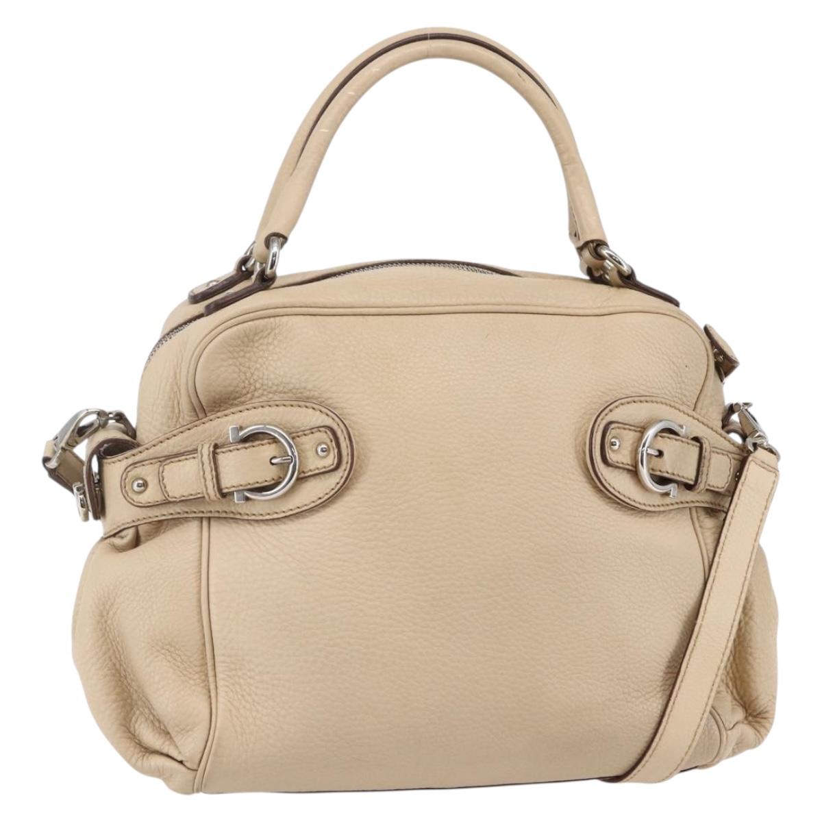 Salvatore Ferragamo Gancini Hand Bag Leather 2way Beige Silver Auth 147517