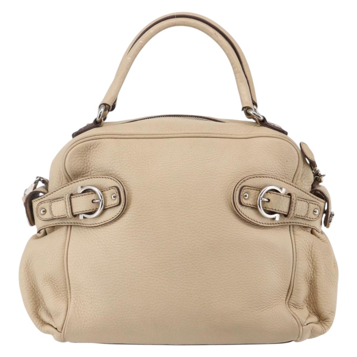 Salvatore Ferragamo Gancini Hand Bag Leather 2way Beige Silver Auth 147517
