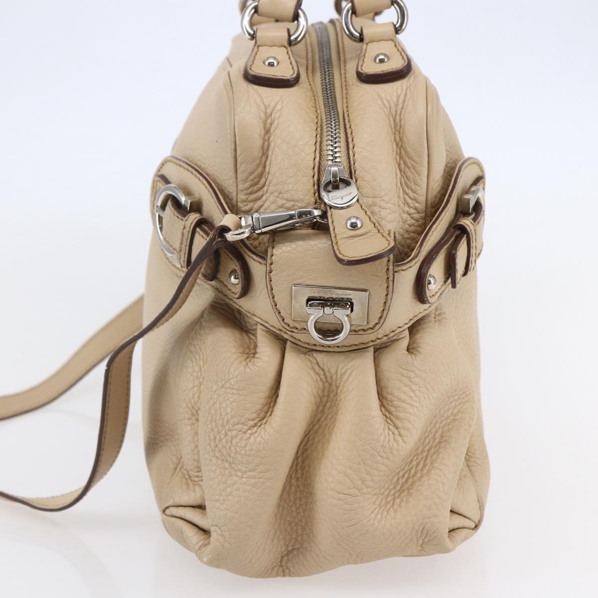 Salvatore Ferragamo Gancini Hand Bag Leather 2way Beige Silver Auth 147517