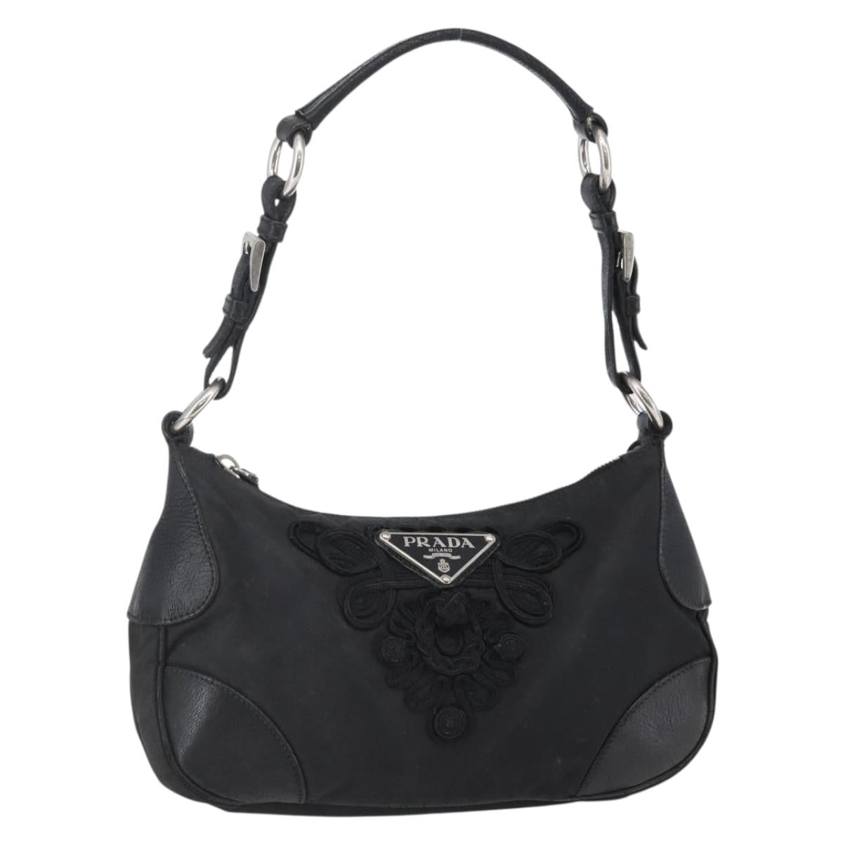 PRADA Shoulder Bag Nylon Leather Beige Silver Auth 147523