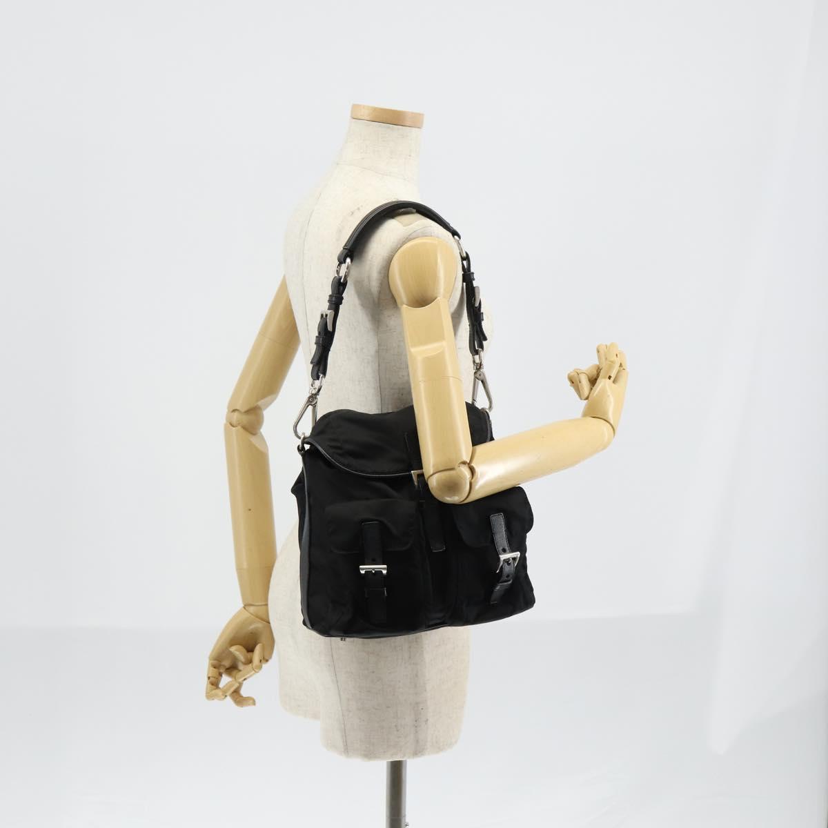 PRADA Shoulder Bag Nylon Black Silver Auth 147531