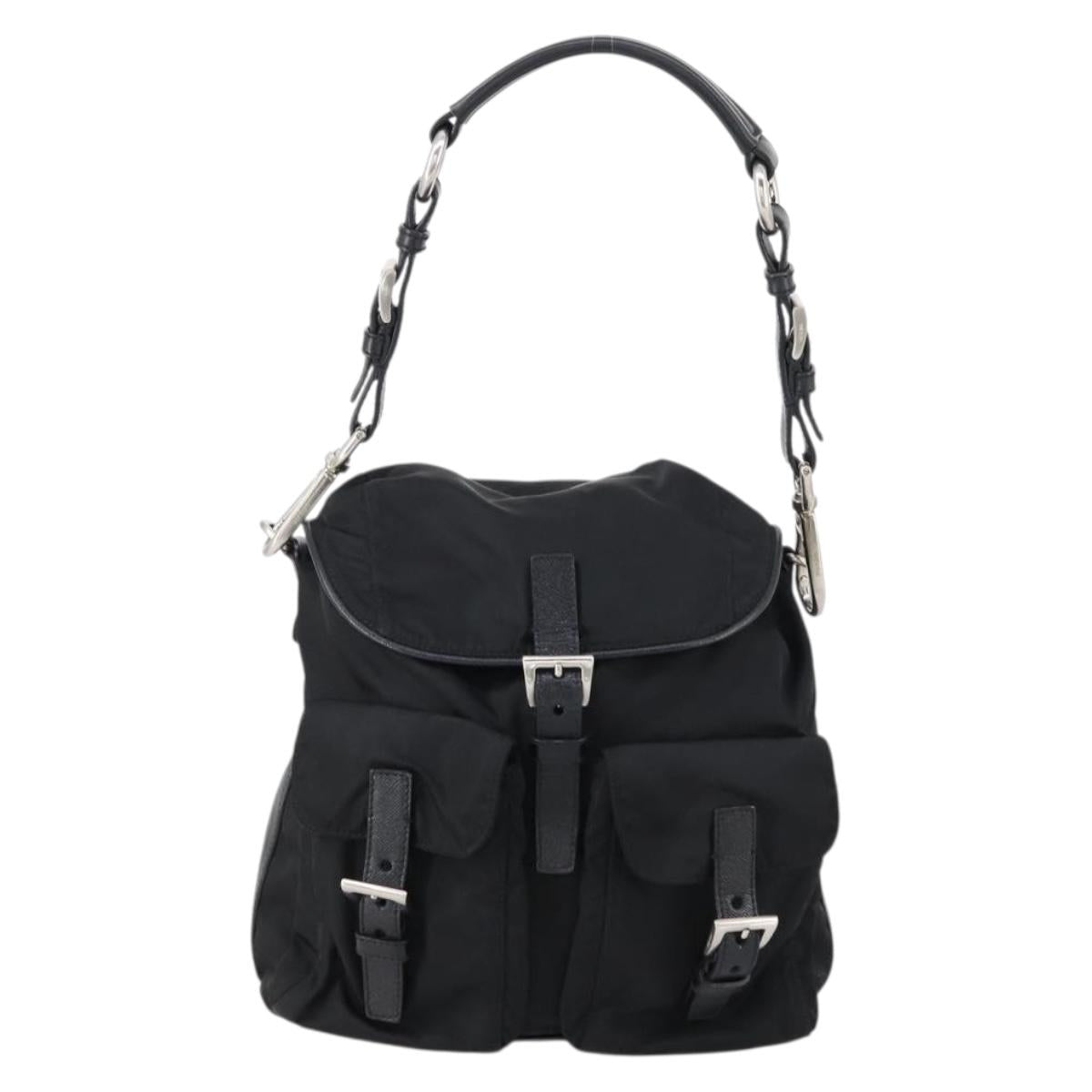 PRADA Shoulder Bag Nylon Black Silver Auth 147531
