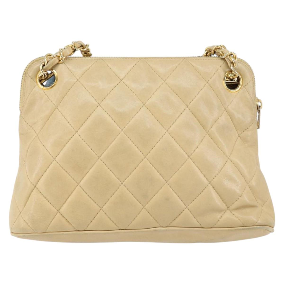 CHANEL Matelasse Chain Shoulder Bag Lamb Skin Beige Gold CC Auth 147554