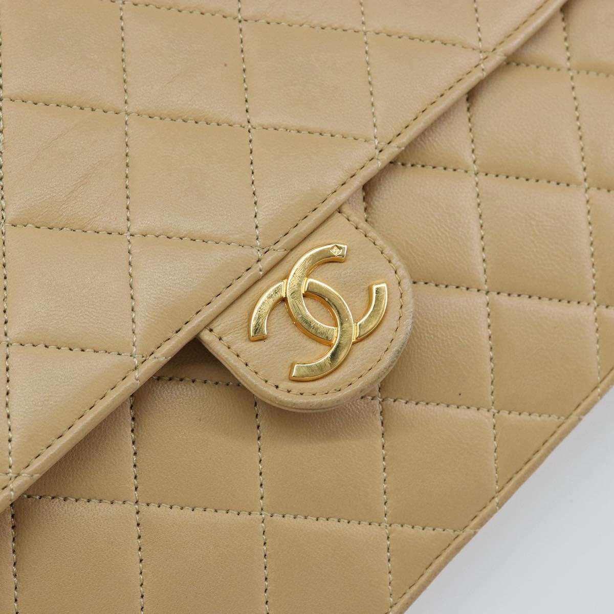 CHANEL Matelasse Chain Shoulder Bag Lamb Skin Beige Gold CC Auth 147627